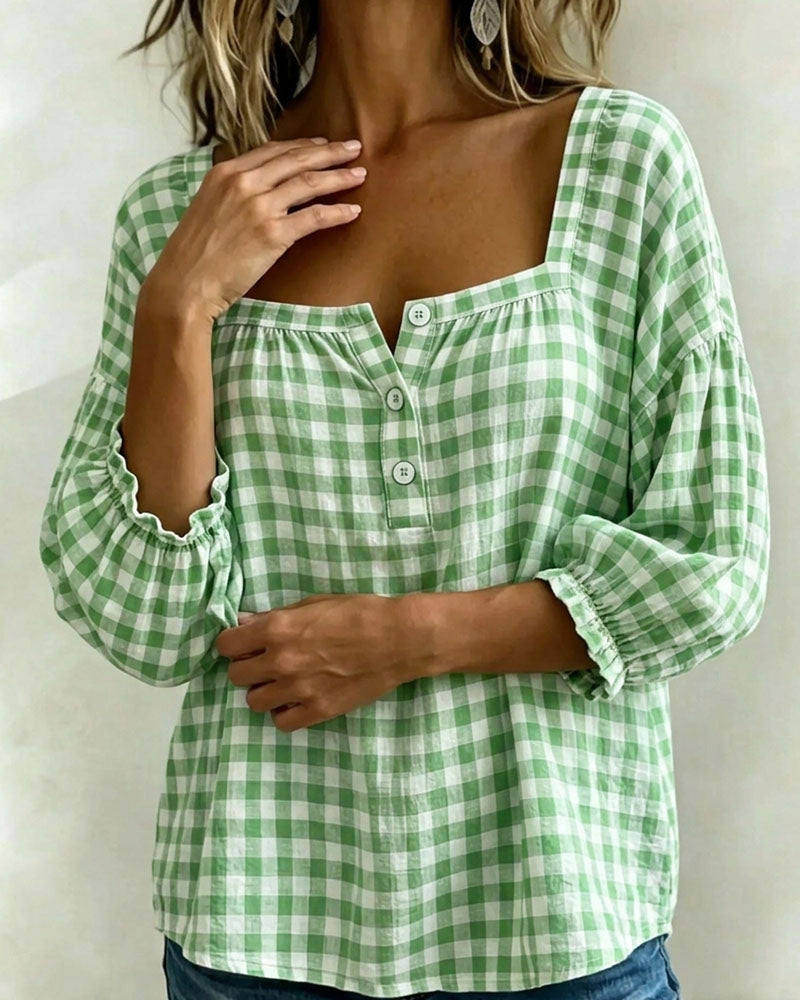 Blusa de cuello cuadrado con botones, estampado escocés