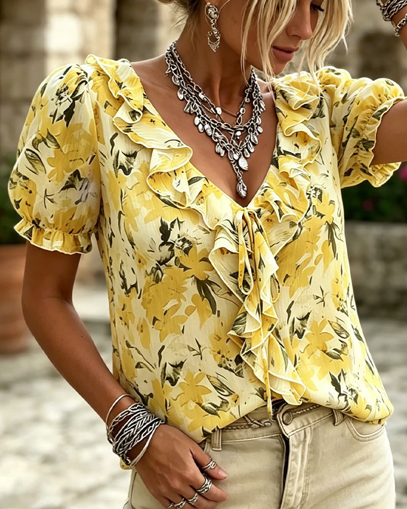 Blusa de escote en V con volante y manga abullonada