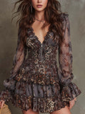 Vestito corto boho con volant e zip frontale, stampa leopardata mista.