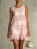 Abito mini patchwork a strati in chiffon satin rosa chiaro plissettato