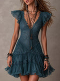 Abito corto retrò in pizzo blu e chiffon con volant