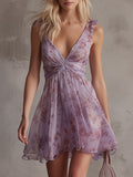 Vestito mini in chiffon viola retrò con motivo floreale e volant