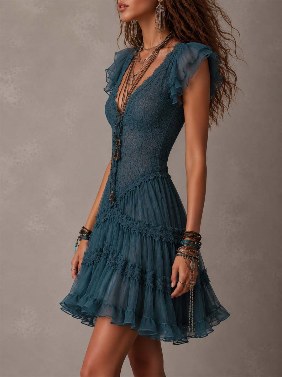 Abito corto retrò in pizzo blu e chiffon con volant