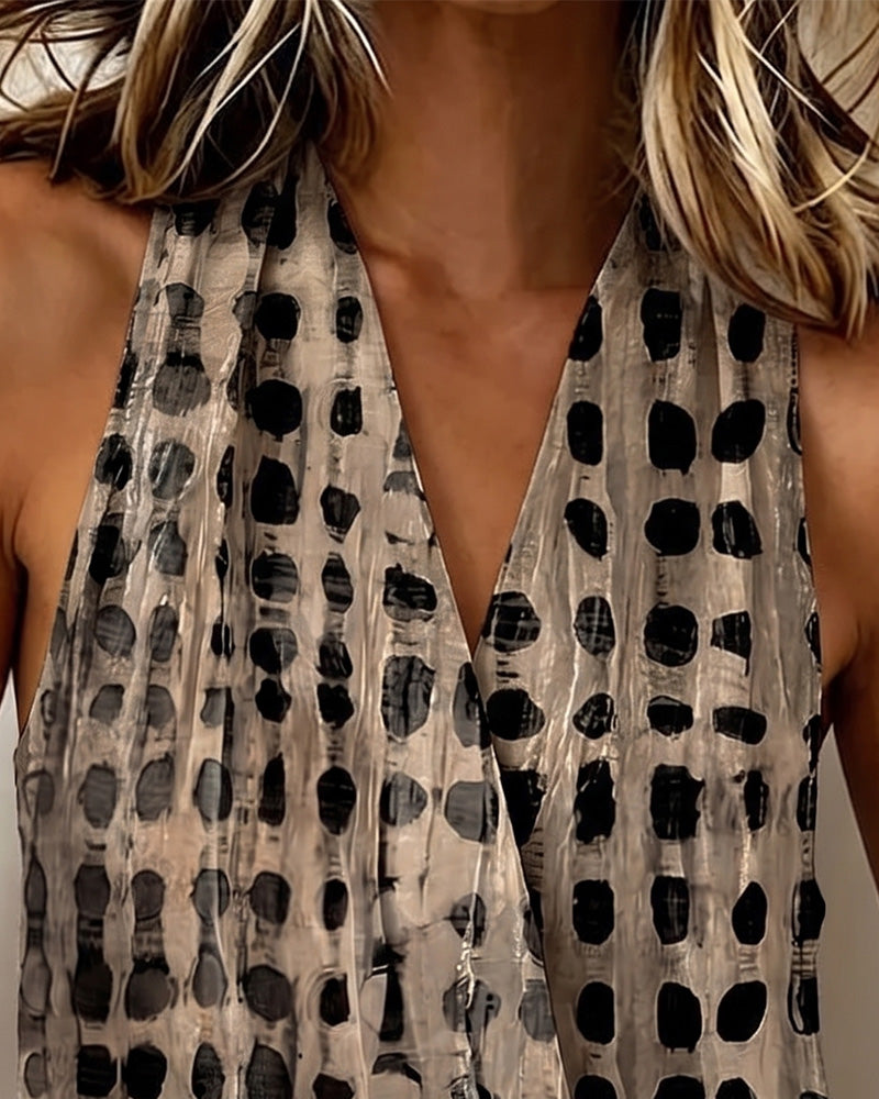 Blusa de escote en V cruzado halter de lunares sin mangas