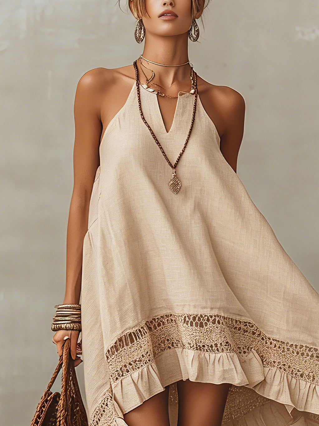 Minidress beige con laccetti, orlo asimmetrico e dettagli a crochet