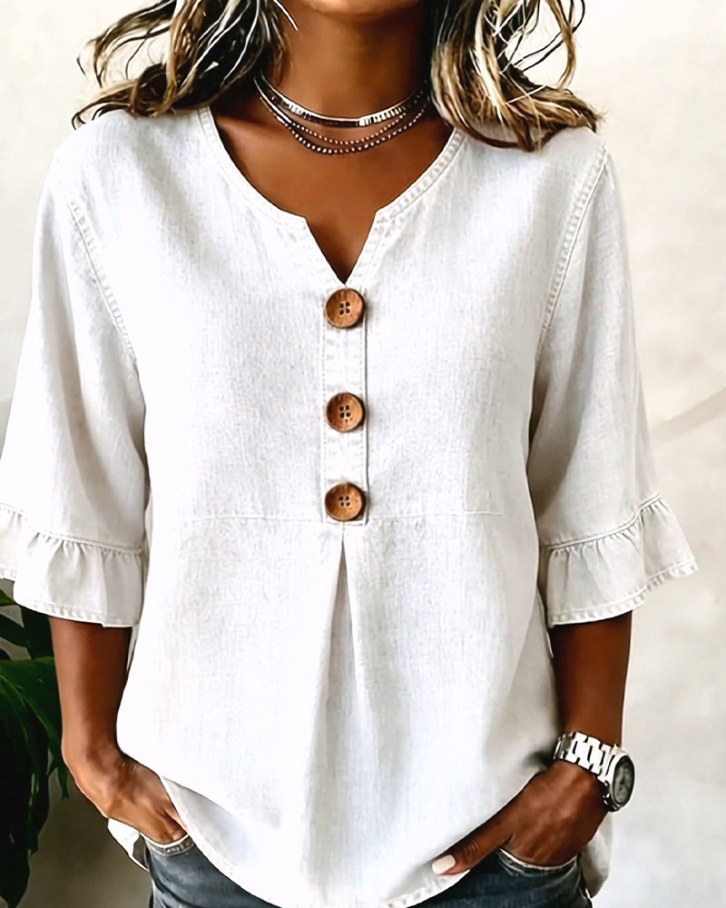 Blusa vaquera de cuello en V con manga acampanada