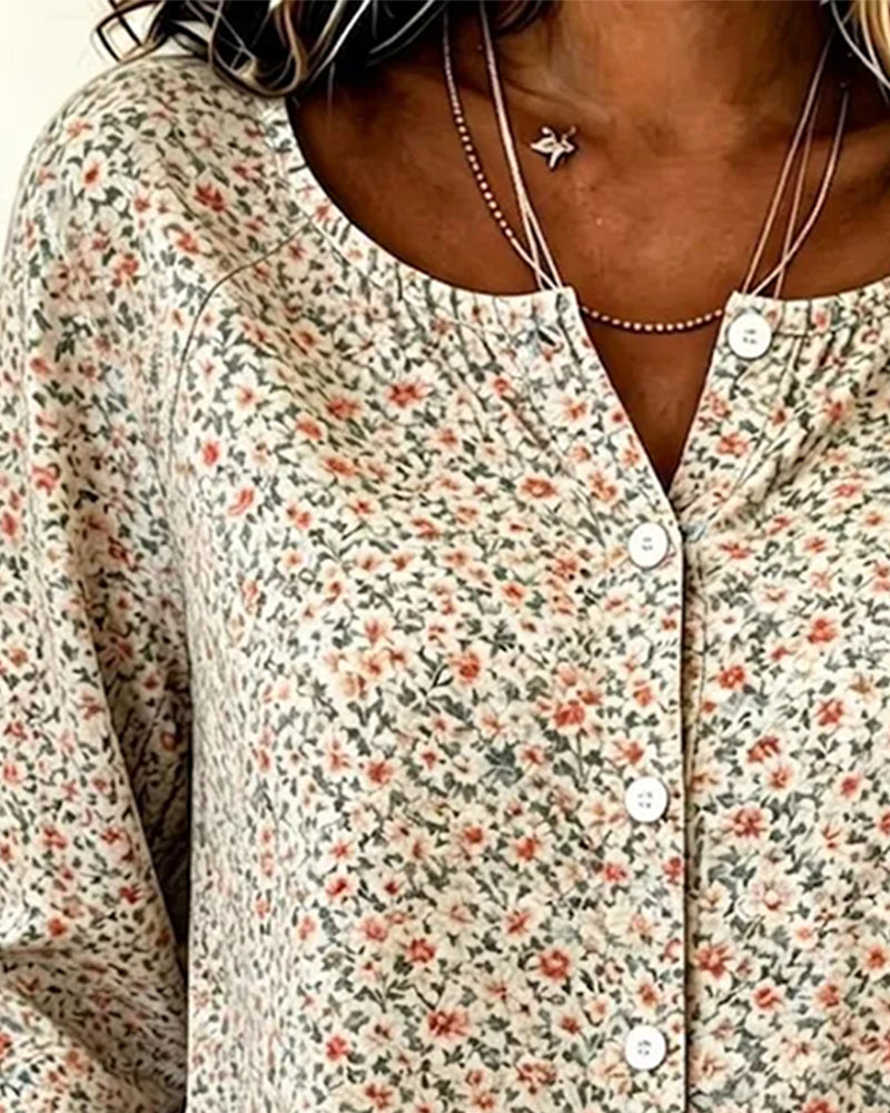 Blusas de cuello redondo con botones, estampado floral, manga 3/4