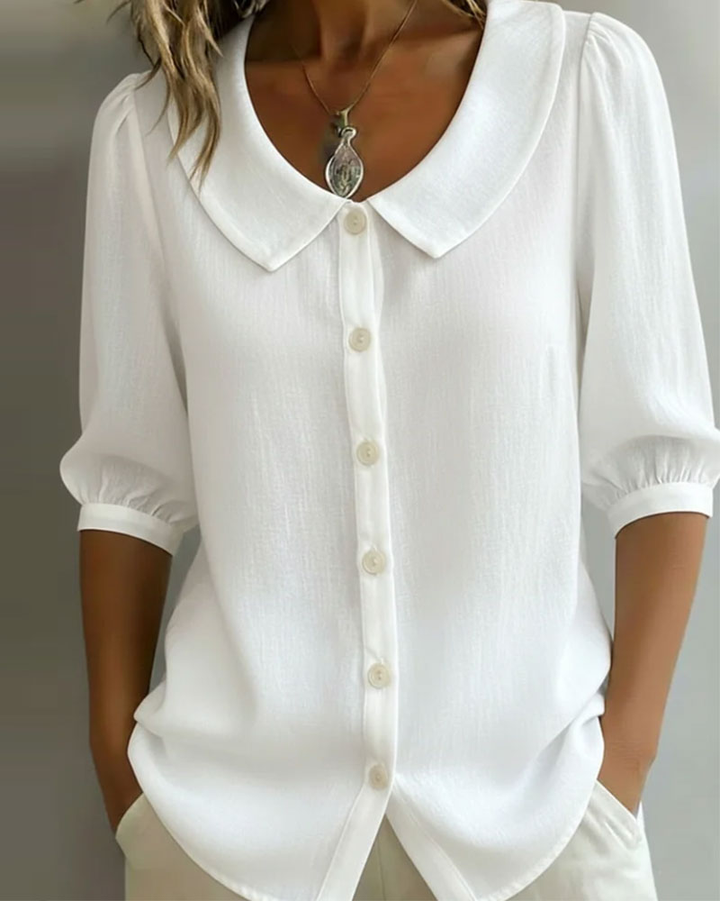 Camisa de algodón de manga 3/4 con cuello Peter Pan