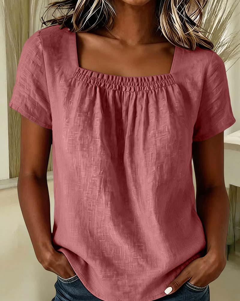 Blusa de cuello cuadrado fruncido de manga corta
