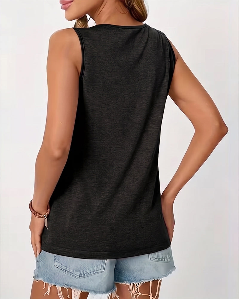 Top sin mangas liso con cuello en U plisado