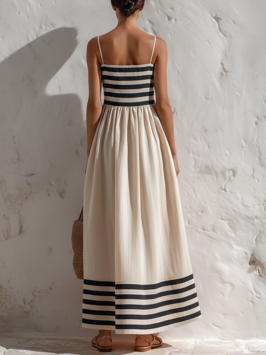 Lavinia | Vestito maxi a righe nero e beige con bretelle