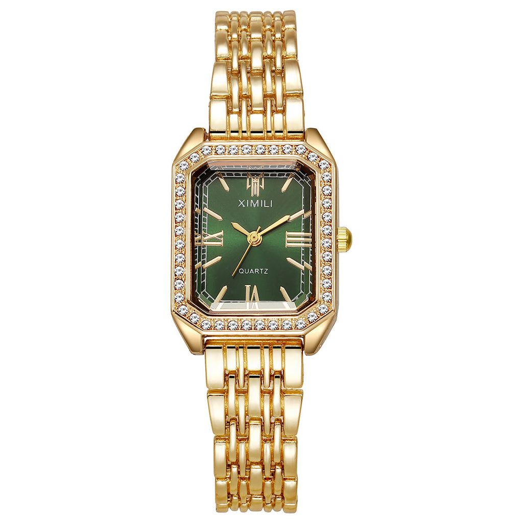 Sparkling Square Gold Watch with Crystal Bezel