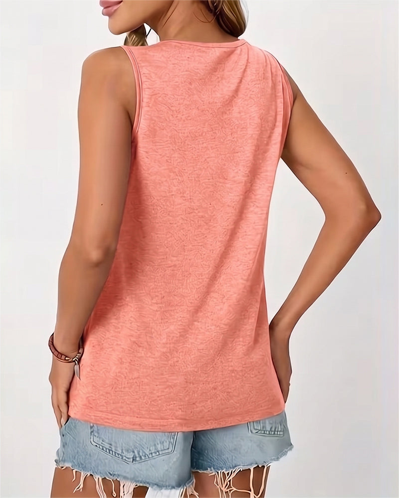 Top sin mangas liso con cuello en U plisado