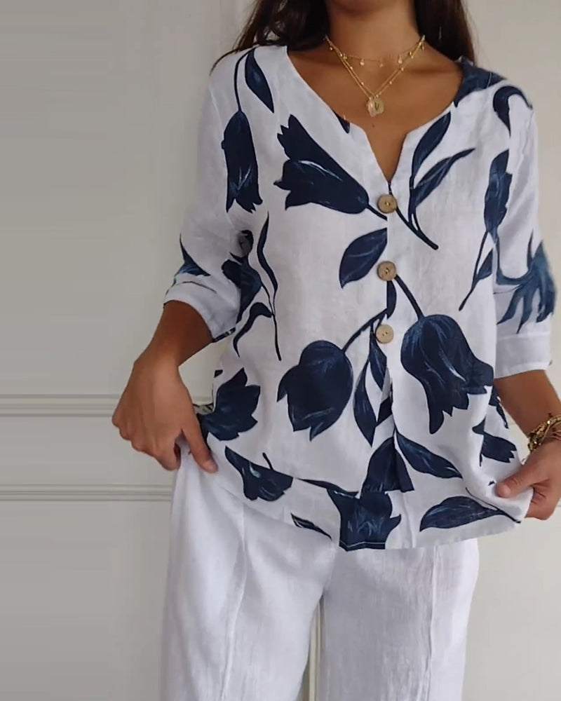 Top abotonado de algodón y lino con estampado floral