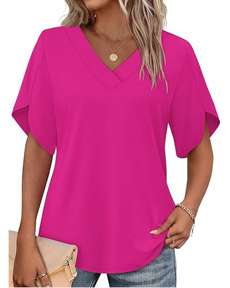 Camiseta de cuello en V, abertura pequeña, mangas cortas, lisa