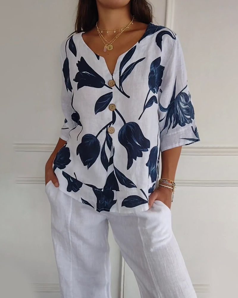 Top abotonado de algodón y lino con estampado floral