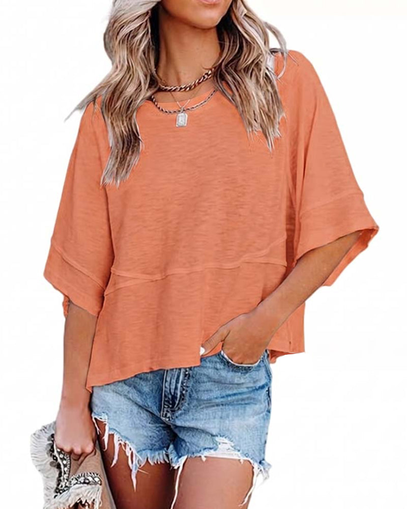 Camiseta sin abertura remendada de color único con manga campana