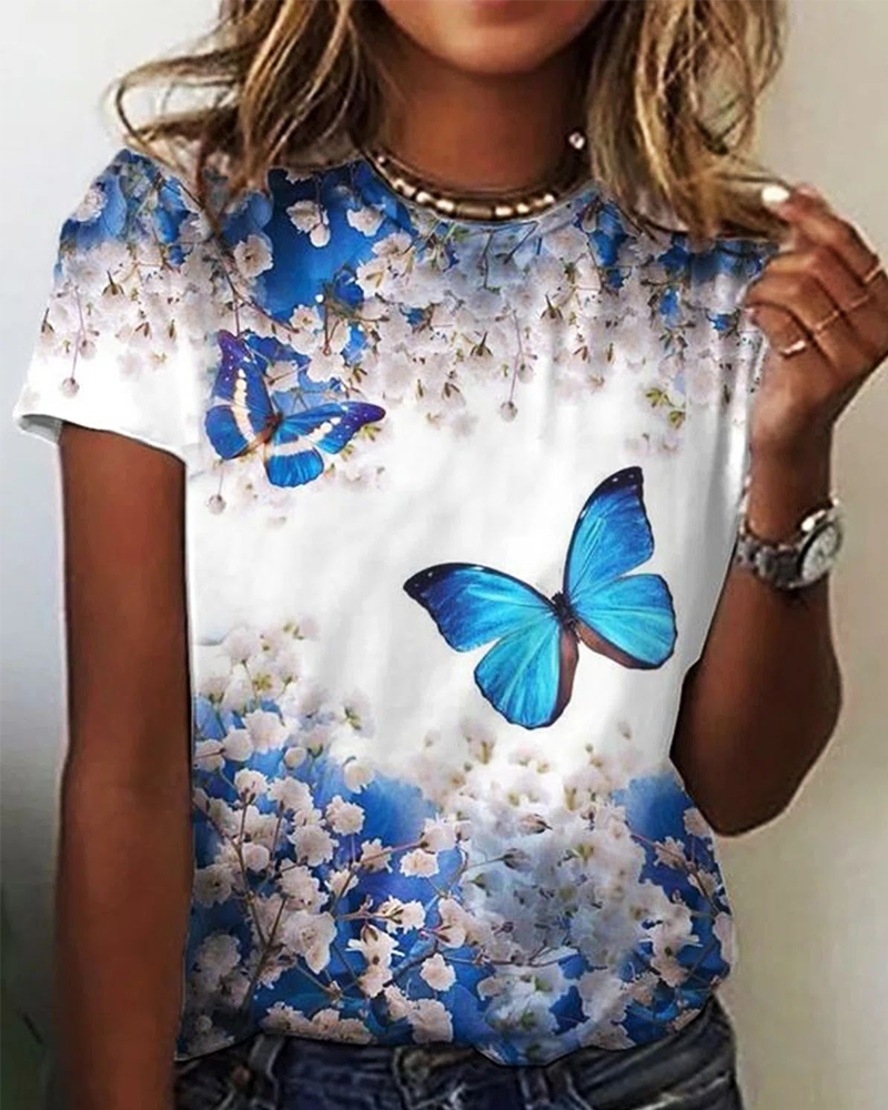Camiseta estampada de cuello redondo sencillo
