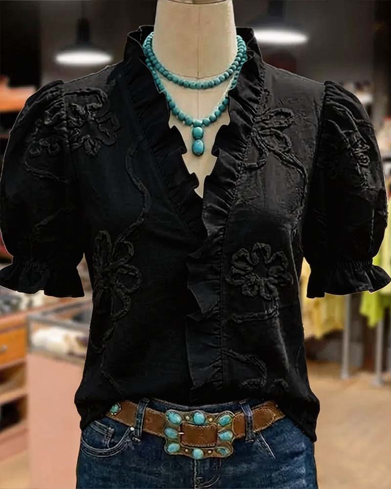 Blusa cuello en V con borde volante y manga abullonada