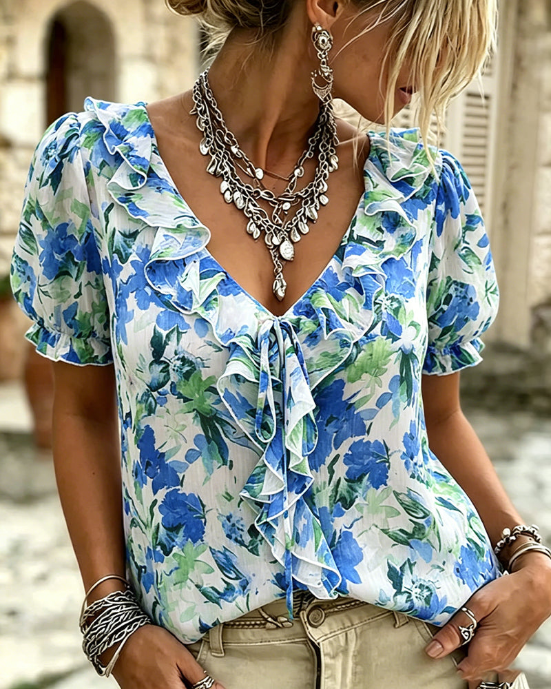 Blusa de escote en V con volante y manga abullonada
