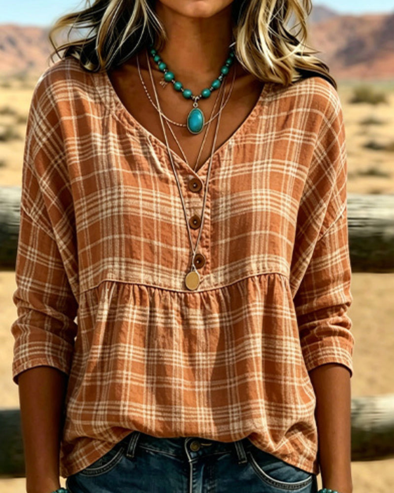 Blusa vintage de cuadros con escote en V