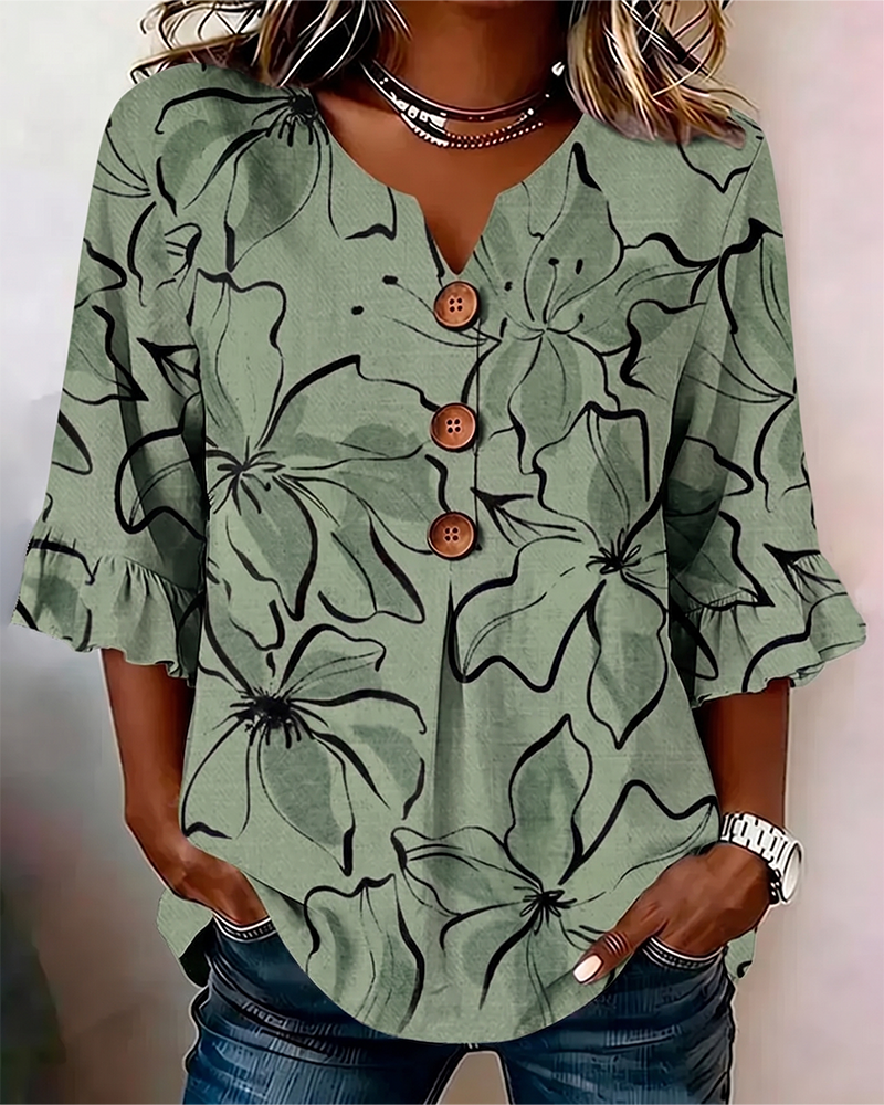 Blusa con escote en V, estampado floral y volante, manga 3/4
