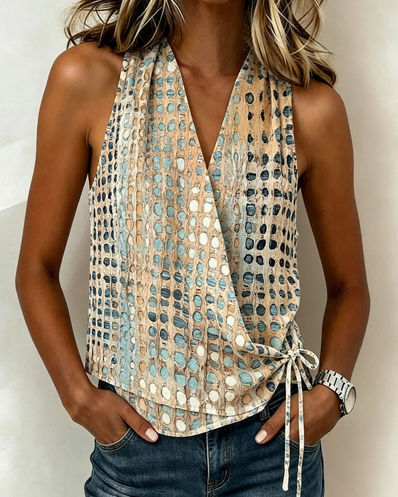 Blusa de escote en V cruzado halter de lunares sin mangas
