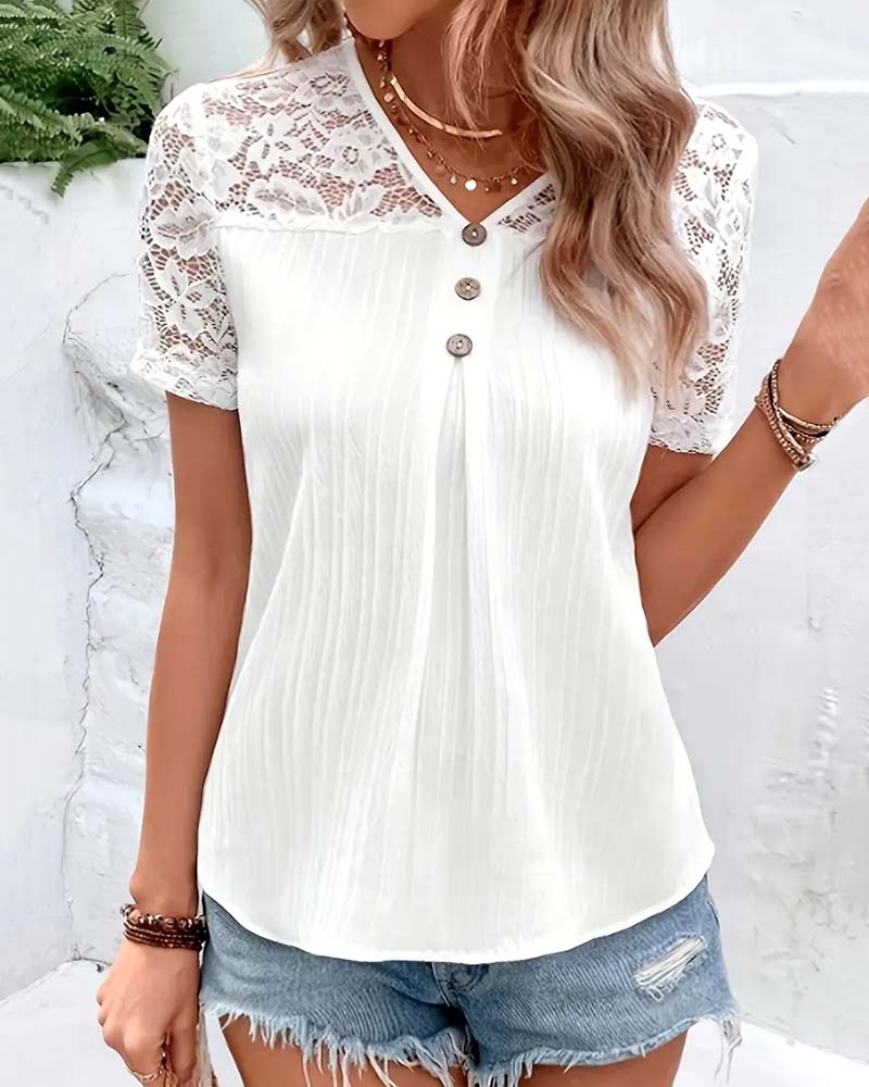 Blusa de escote en V liso con encaje de alta costura