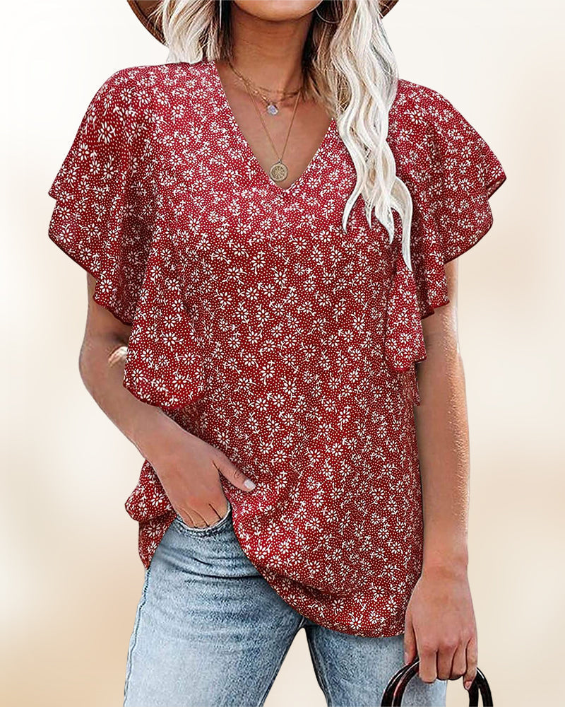 Camisa plisada de mangas cortas y cuello en V