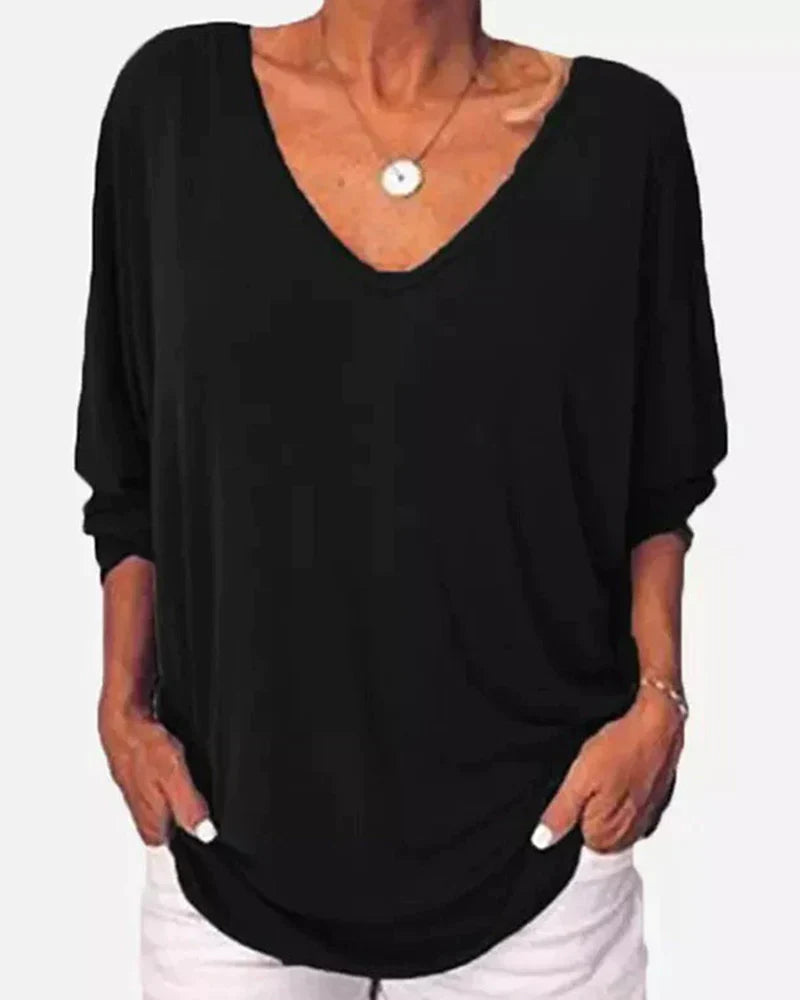 Top de cuello en V con botones en la espalda, mangas 3/4