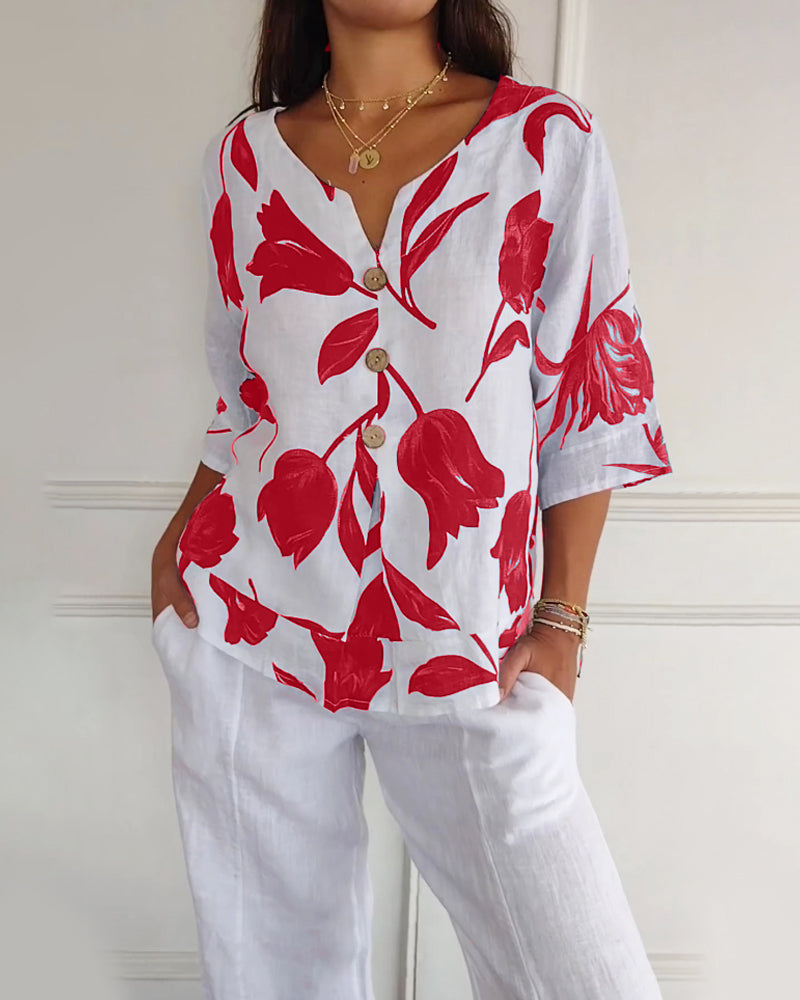 Top abotonado de algodón y lino con estampado floral