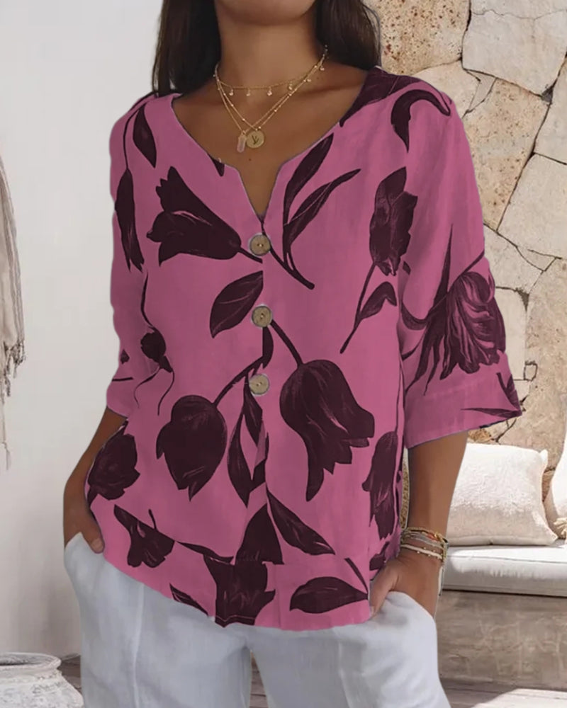 Top abotonado de algodón y lino con estampado floral