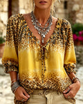 Blusa de escote en V con estampado de leopardo y encaje