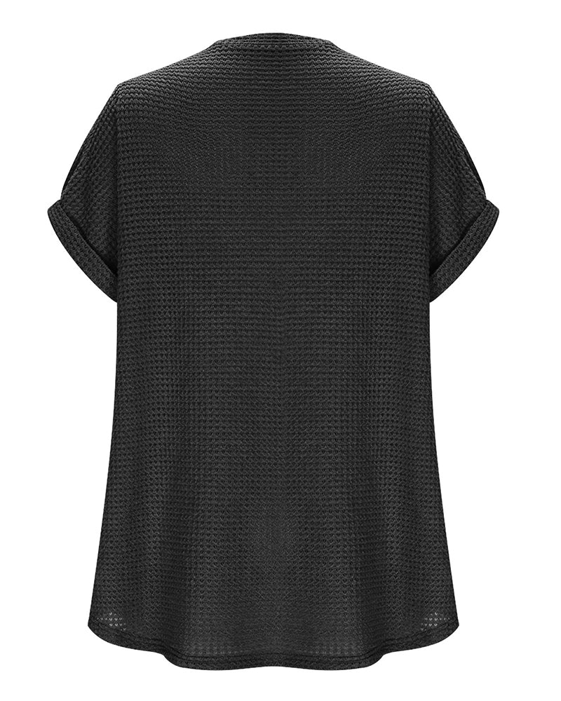 Camiseta para mujer de punto texturizado con escote en V, casual, verano