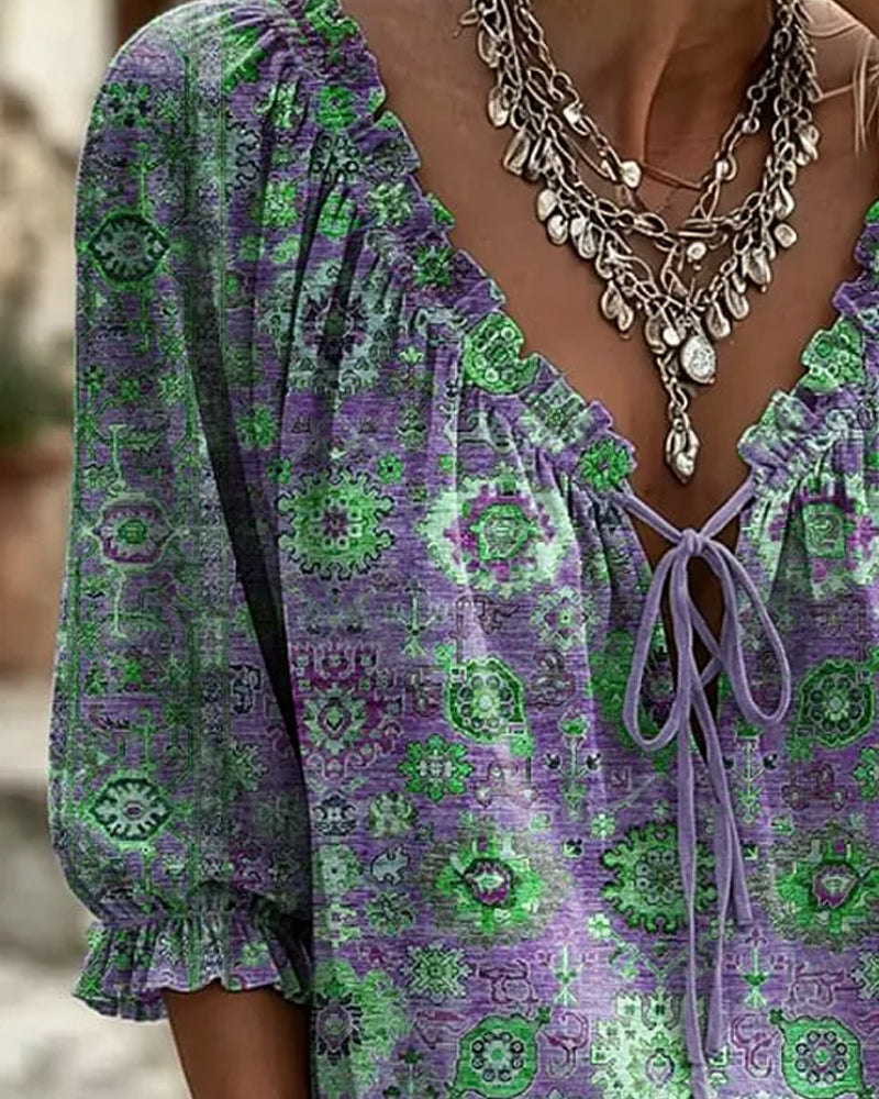 Blusa de escote en V con lazo, estampado vintage