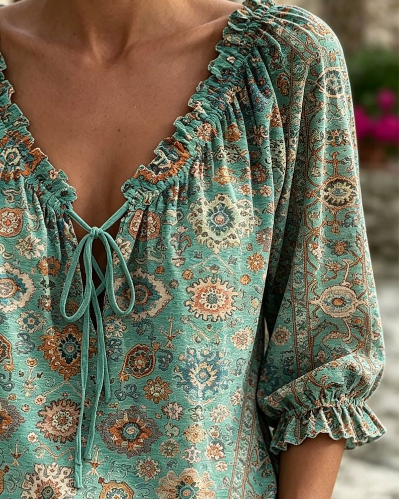 Blusa de escote en V con lazo, estampado vintage