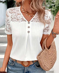 Blusa de escote en V liso con encaje de alta costura