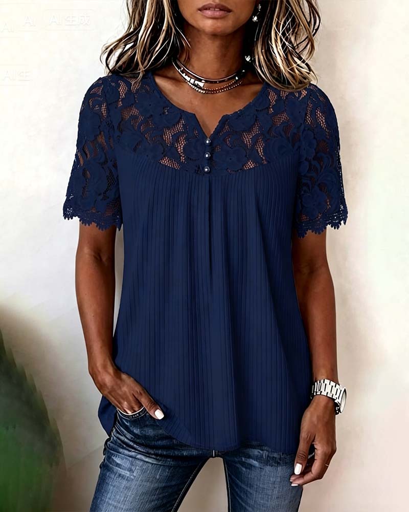 Blusa de encaje patchwork de manga corta