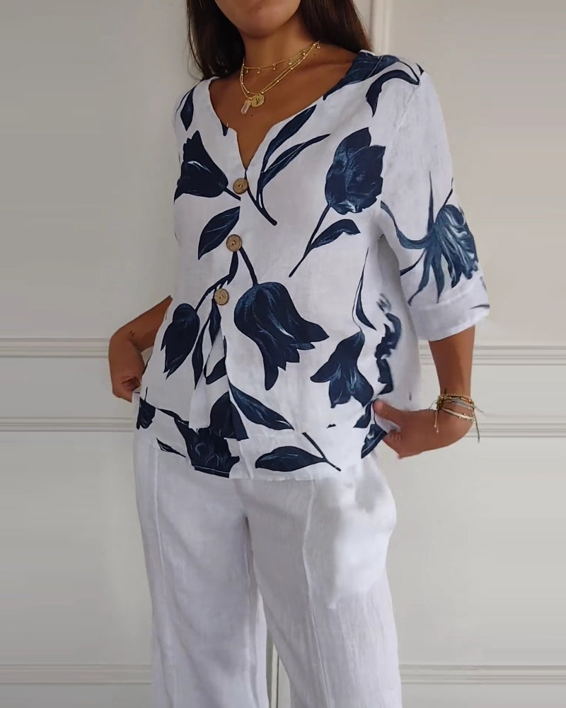 Top abotonado de algodón y lino con estampado floral