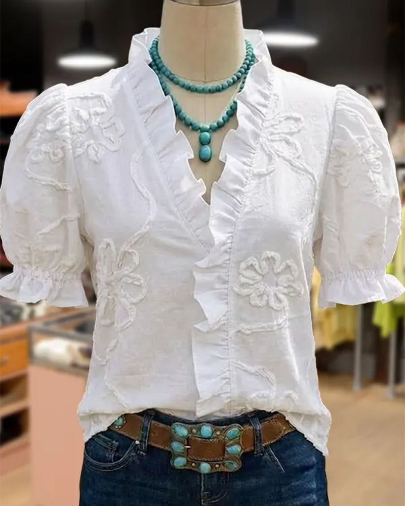 Blusa cuello en V con borde volante y manga abullonada