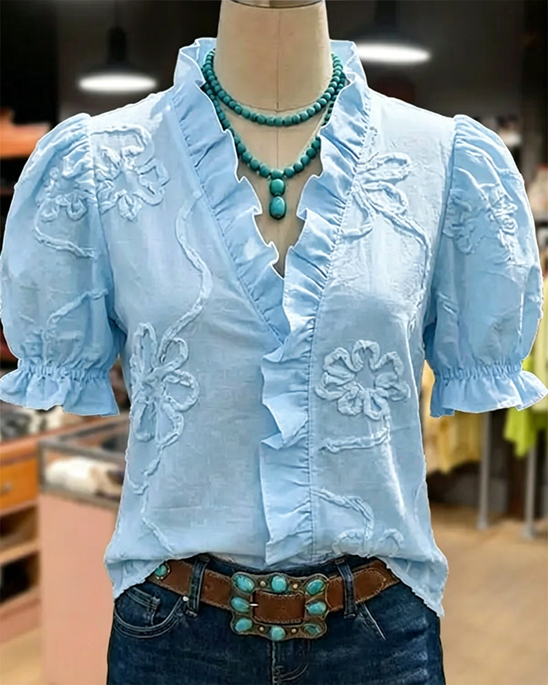 Blusa cuello en V con borde volante y manga abullonada