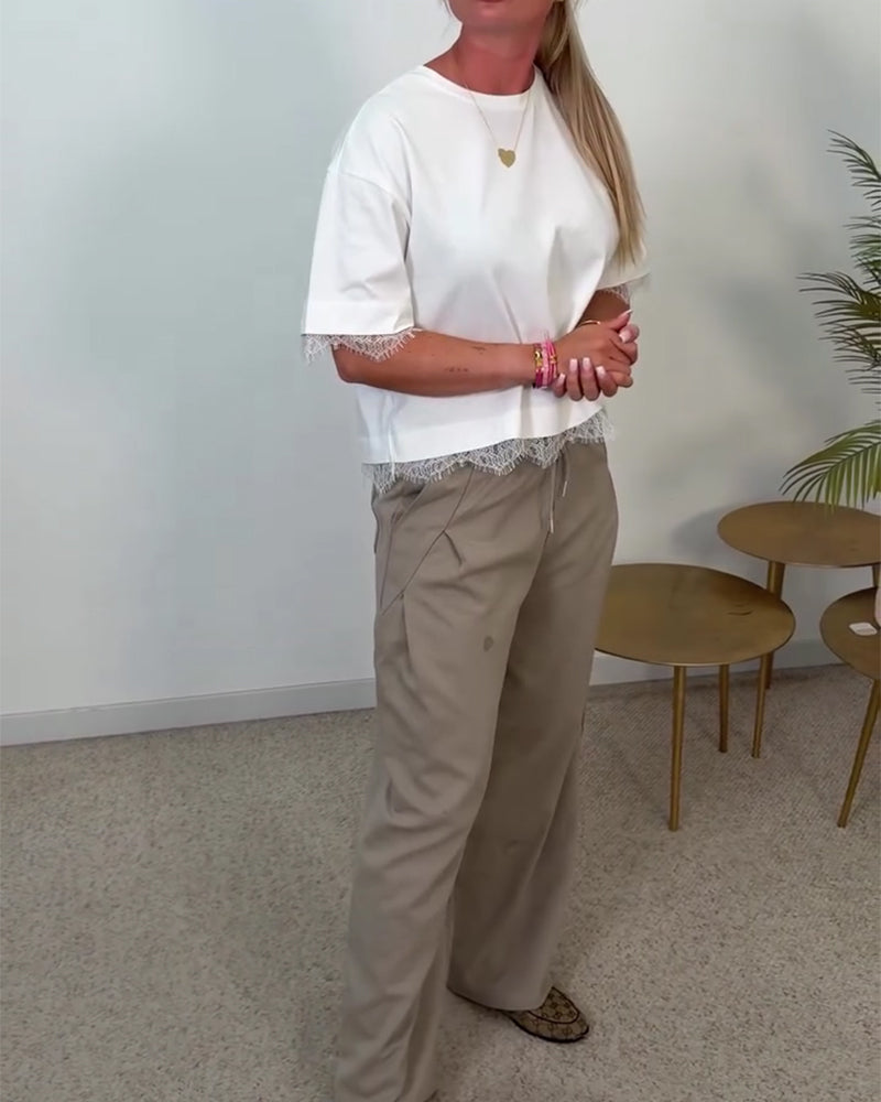Blusa de espalda con abertura de encaje y manga corta