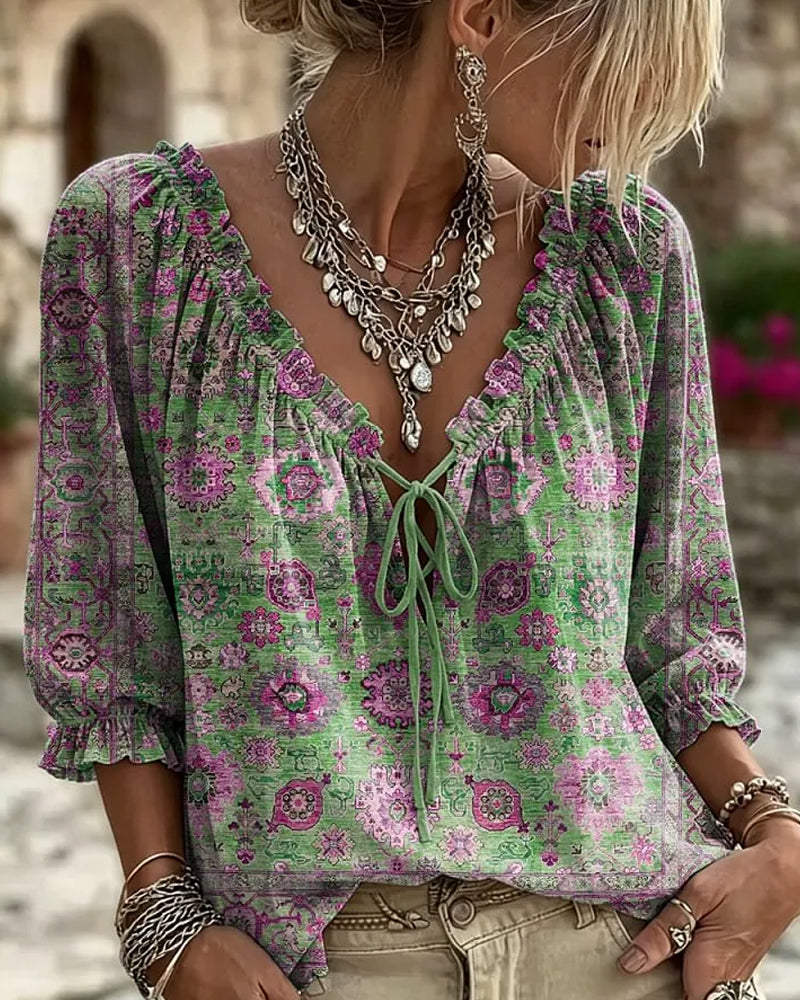 Blusa de escote en V con lazo, estampado vintage
