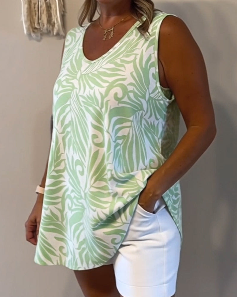 Top sin mangas de corte amplio estampado vegetal