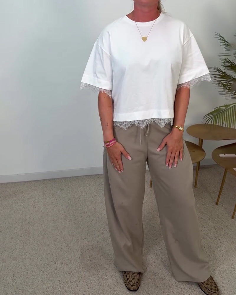 Blusa de espalda con abertura de encaje y manga corta
