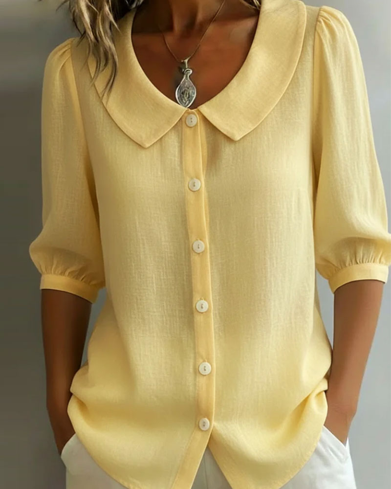 Camisa de algodón de manga 3/4 con cuello Peter Pan