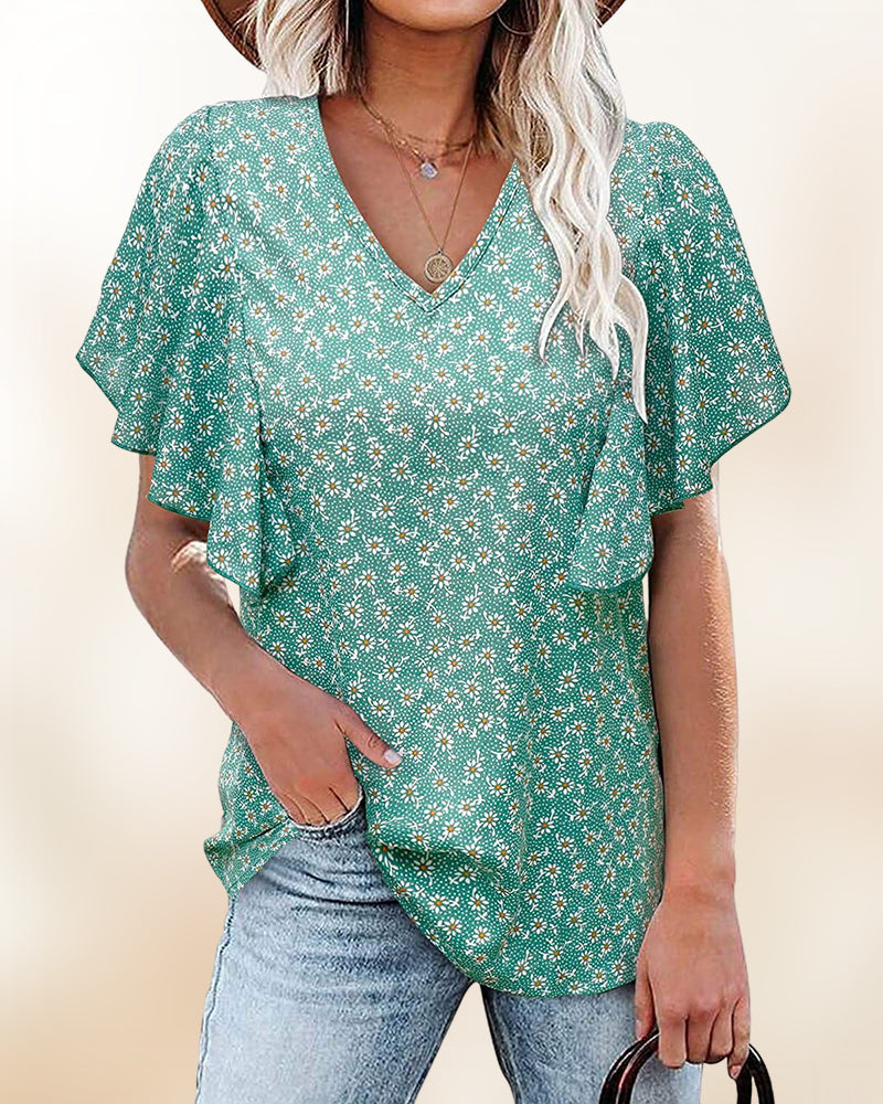 Camisa plisada de mangas cortas y cuello en V
