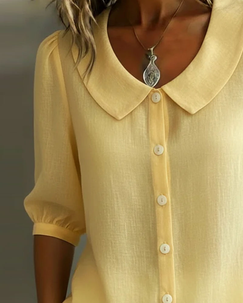 Camisa de algodón de manga 3/4 con cuello Peter Pan