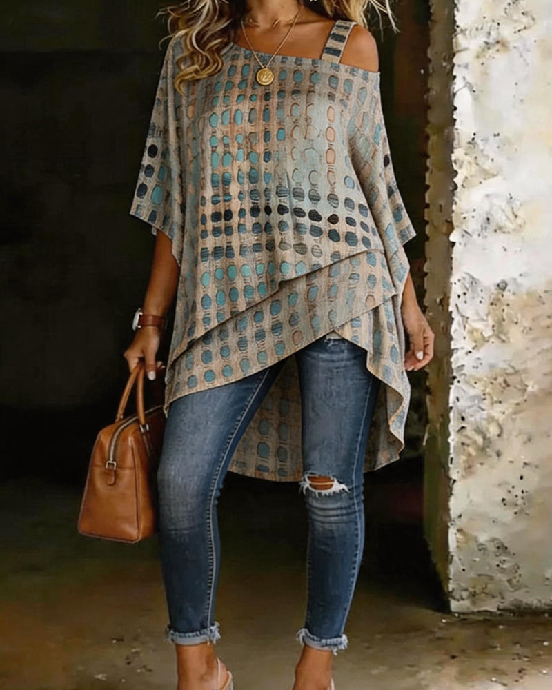 Blusa estampada de lunares con escote asimétrico de un solo hombro