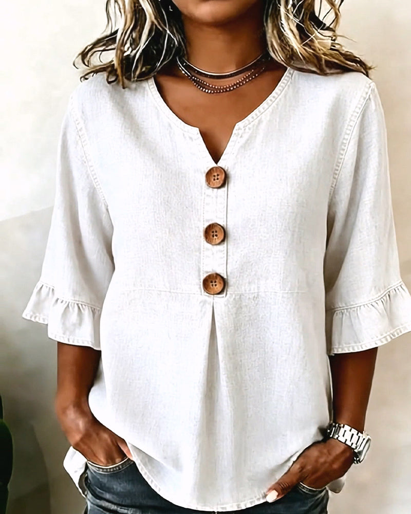Blusa vaquera de cuello en V con manga acampanada